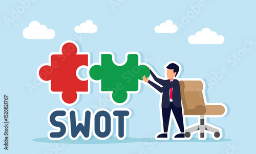 businessman near office chair assembling puzzle with SWOT text illustration of problem solving in business
