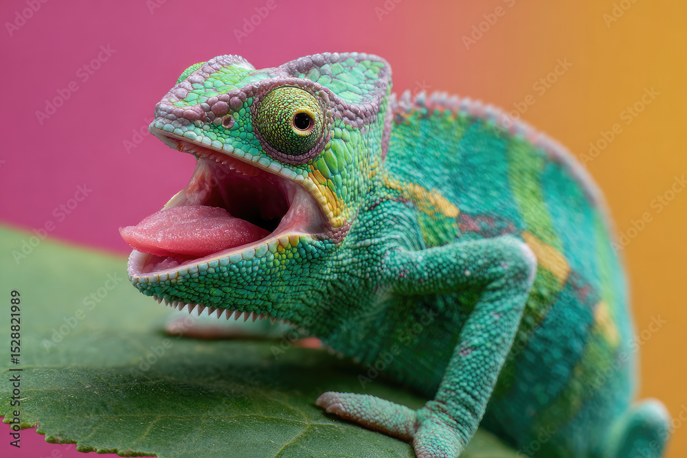 Obraz premium OpenMouthed Panther Chameleon with Visible Tongue and Textured Skin on Green Leaf
