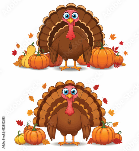  Set of Two Cartoon Thanksgiving Turkeys with Pumpkins and Autumn Leaves