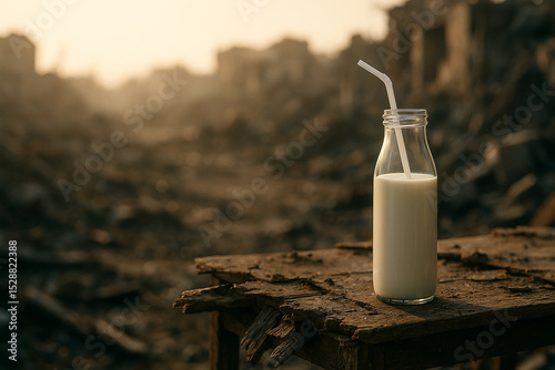 Milk Bottle with Straw on Ruined Table. Generative AI.