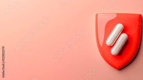 Two white capsules rest on a red shield-shaped surface against a soft pink background, symbolizing protection and healthcare.
