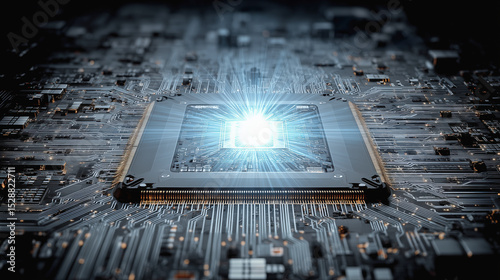 A glowing microchip at the center of a complex circuit board, symbolizing advanced technology and digital innovation.