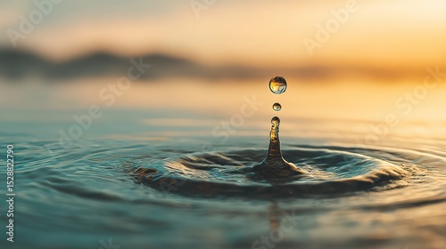 Captivating Water Drop Creating Ripples at Sunrise on Calm Surface