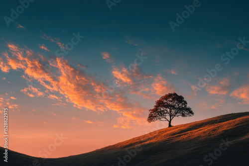 Single lone tree on sloped hill at sunset with colorful sky and dramatic clouds in background. Concept of solitude and serenity in nature