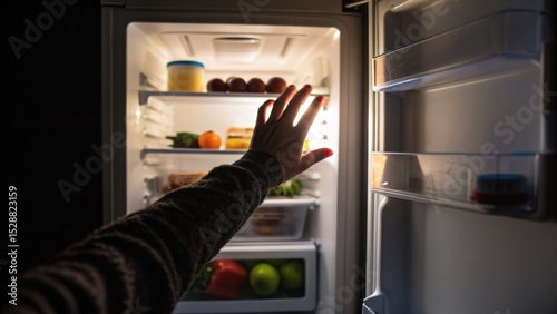 Beginner loss weight concept. A hand reaching into a brightly lit refrigerator filled with various foods and beverages.
