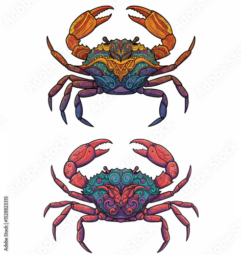 Set of Two Ornate and Colorful Crab Illustrations
