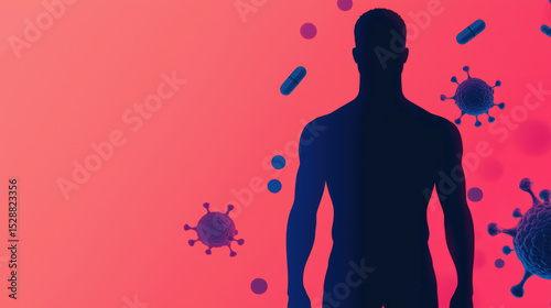 Silhouette of a human figure surrounded by virus particles and capsules on a red background, symbolizing infection and immunity.