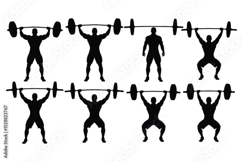 Silhouette of weightlifter in various poses with barbell