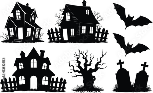 Spooky halloween silhouettes haunted houses bats graveyard