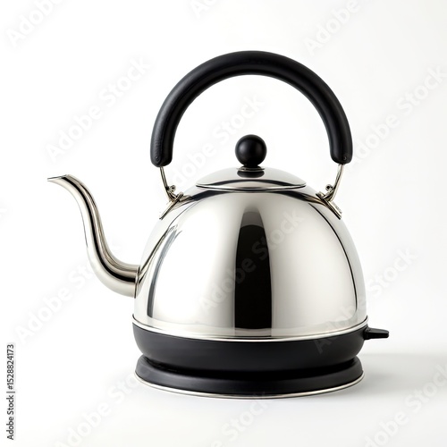 Elegant metallic kettle with black handle on a white background