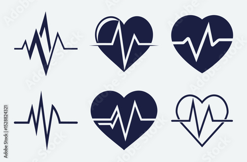 heartbeat line vector, heart bit line set vector silhouettes Heart Rate Monitor Waveforms with Red and Black Hearts, Heart Rate Monitor with Different Heart Icons