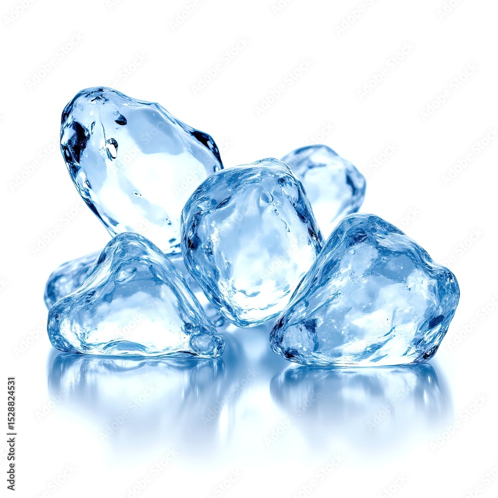 Fototapeta premium Clear Ice Cubes on White Surface with Reflections and Texture