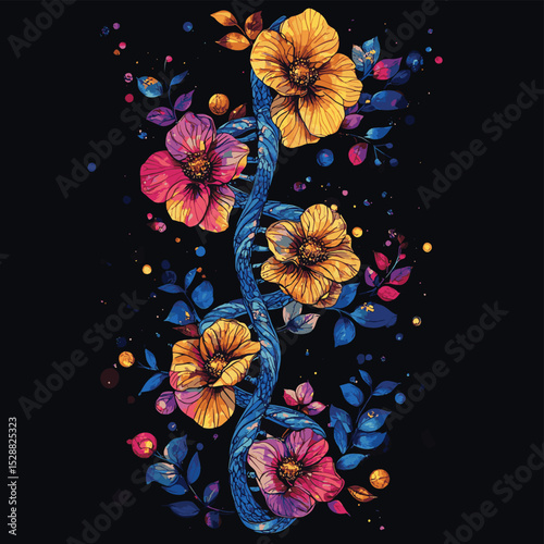 DNA chain and art nouveau flowers. Symbol of art, science, knowledge, medicine, evolutions, lives and death t-shirt design, vector style simple color