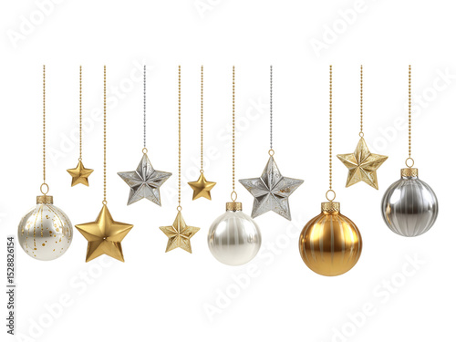 Gold and silver Christmas ornaments hanging on strings isolated transparent background