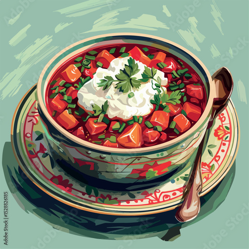 illustration, meal, food, dinner, vegetable, plate, soup, red, meat, healthy, hot, bowl, dish, cuisine, kitchen, tradition, national, rustic, ukrainian, cookery, color image, tasty, beet, homemade, 