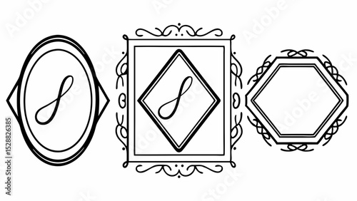 Three decorative frames with letter s inside oval square and hexagon shapes in black and white outline created with generated ai