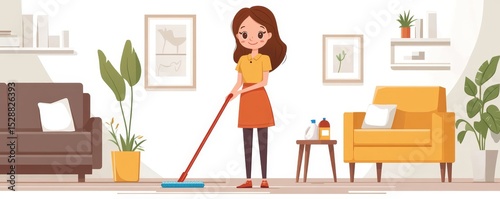 Happy female housekeeper mopping the living room floor with a mop and cleaner to remove dust., Generative AI