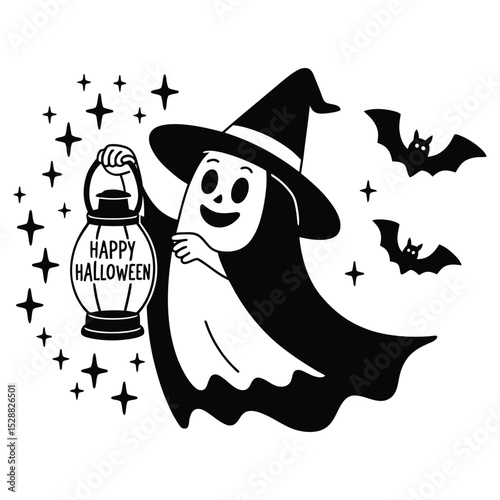 Happy halloween ghost witch with lantern and bats