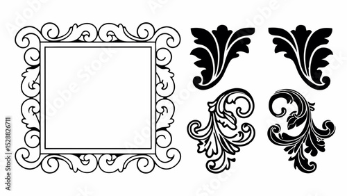 Ornate square frame with floral corner elements in black and white vector design for decoration needs created with generated ai