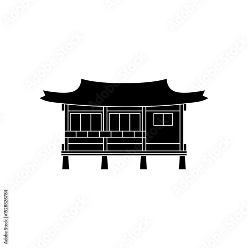 Traditional Korean house icon with black fill and visible internal lines. Vector silhouette for signage, architectural identity, or cultural visual elements.
