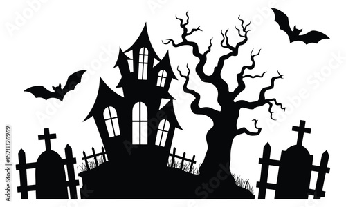 Spooky halloween silhouette haunted house bats graveyard