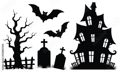 Halloween silhouette collection bats haunted house graveyard