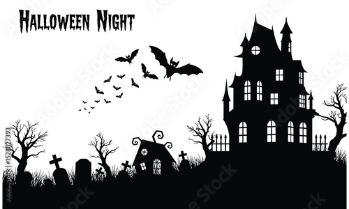 Spooky halloween night silhouette with haunted house