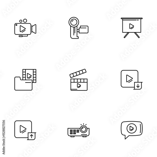 A set of 9 black video-related icons, including camera, folder, clapperboard, and projector.