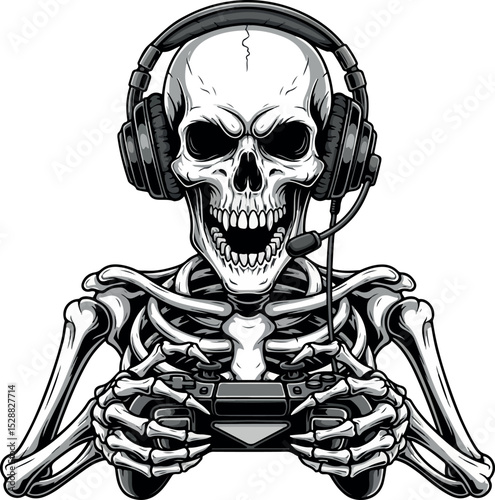 Gamer Skeleton with Headset And Controller - Gaming Skull Art.