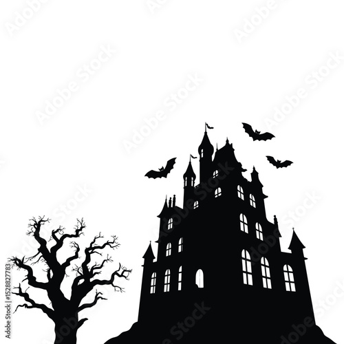 Spooky halloween castle silhouette with bats and tree