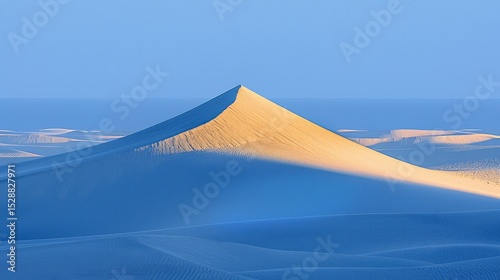 Isolated sand dune creating a long blue shadow as the sun sets in a breathtaking landscape