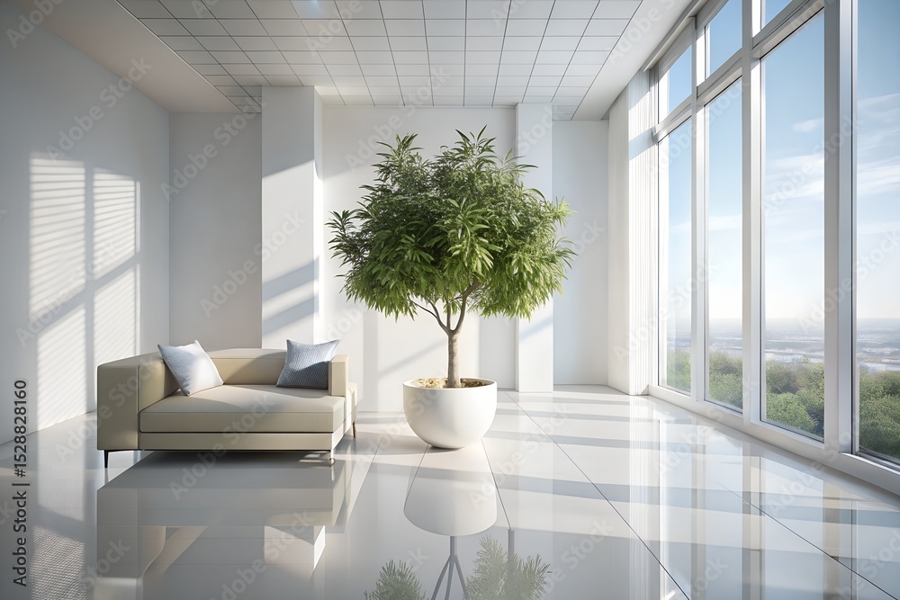 Fototapeta premium 3D-Rendered Bright Living Room with Fiddle-Leaf Fig Plant – Modern White Geometric Tiles & Golden Sunlight