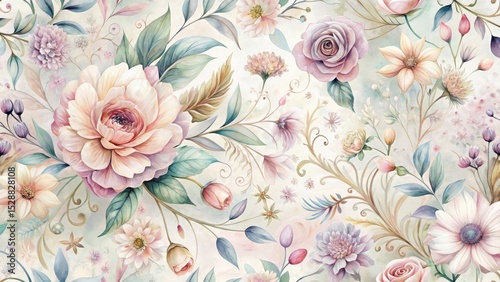 Elegant Watercolor Floral Design Featuring Delicate Roses, Dahlias, and Other Blooming Flowers Arranged in a Soft, Pastel Color Palette on a Light Background