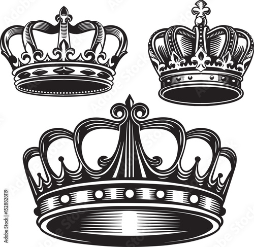 Vector collection of vintage royal gold crown emblems, heraldic king and queen symbols