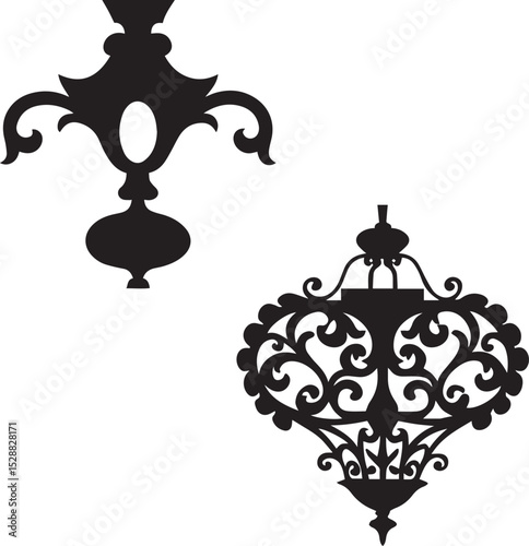 A vector illustration of vintage gold chandeliers and decorative elements, perfect for ornate Christmas or antique floral designs