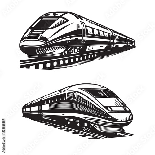 Fast travel vector illustrations of trains, cars, boats, and other modes of transport and transportation