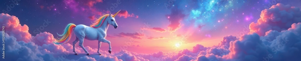 Fototapeta premium Magical unicorn, rainbow mane & tail, clouds, stars, vibrant sky, mystical, nebula, graphic