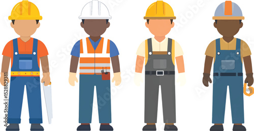 vector illustration construction workers in yellow hardhats stand together on the job