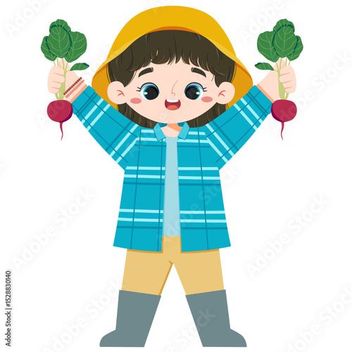 Cute girl hold red radish in both hands in farmland in harvest moon