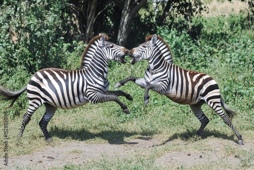 Zebras engage in a fierce fight at Nakuru Game Reserve during midday, Two zebras are fighting in the nakuru game reserve in Kenya