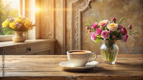 Wallpaper Mural Morning sunlight streams through a window illuminating a rustic wooden table setting with a cup of coffee and a vase of colorful blossoms. Torontodigital.ca