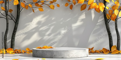 background products display a podium scene with a geometric platform of yellow leaves