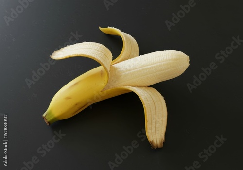 A ripe banana is partially peeled showing the fruit. Concept of healthy organic fruit snack and everyday eating still life on dark background.