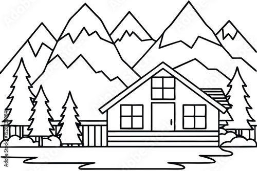 Line Art Cabin in Mountain Landscape Illustration