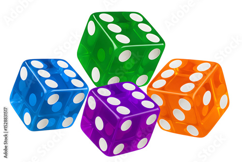 Colorful transparent dice set isolated on white background, 3D rendered game cubes with bright numbers, vibrant plastic gaming accessories, casino concept, luck strategy design, playful visual element