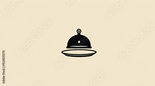 A simple, minimalist logo of an open cloche on a plate with no dish inside. Food tray. A dome-shaped food cover. Menu