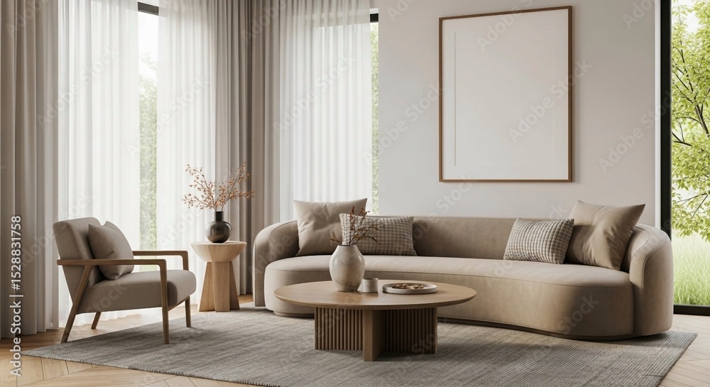 Obraz premium Sophisticated modern home interior with beige and cream furniture, promoting a sense of calm and comfort. 