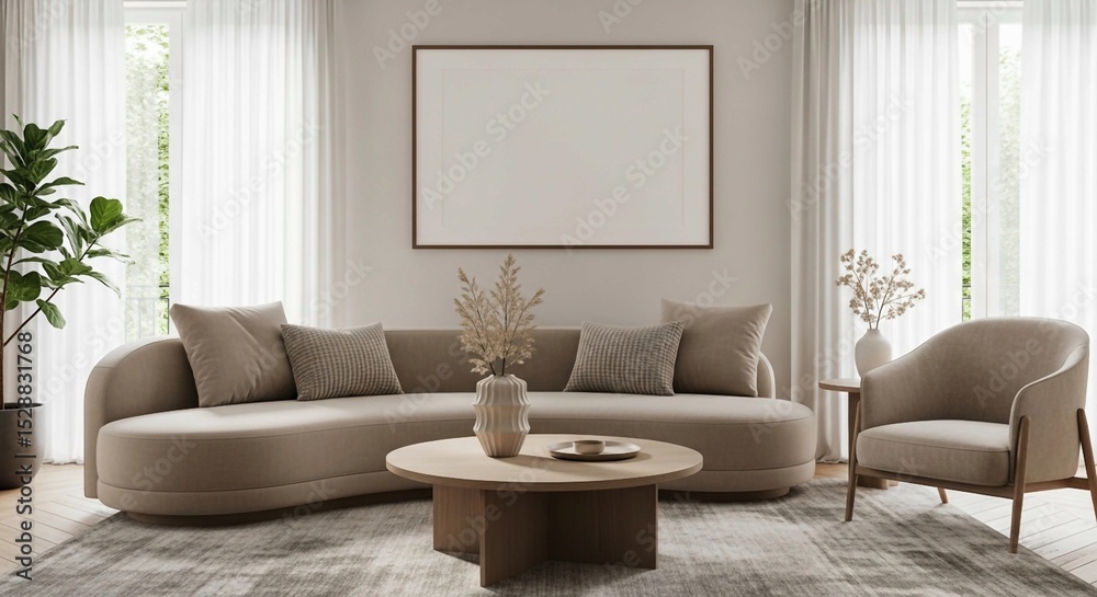 Fototapeta premium Stylish minimalist living room design, highlighted by neutral colors, curved sofa, and natural light. 
