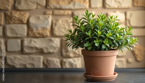 Potted green plant on table against stacked stone wall backdrop.