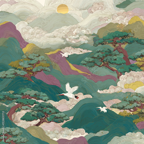 Traditional Korean Landscape Vector Illustration – Oriental Mountain and Cloud Pattern